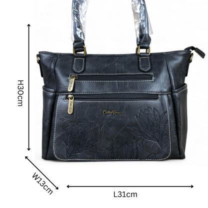 BLACK Cotton Road PU Leather Handbag with EMBROIDERED detailing