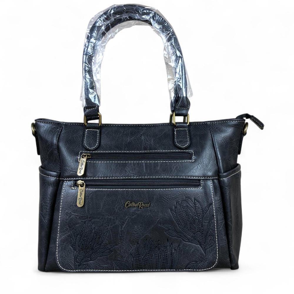 BLACK Cotton Road PU Leather Handbag with EMBROIDERED detailing