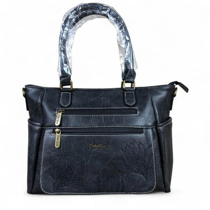 BLACK Cotton Road PU Leather Handbag with EMBROIDERED detailing