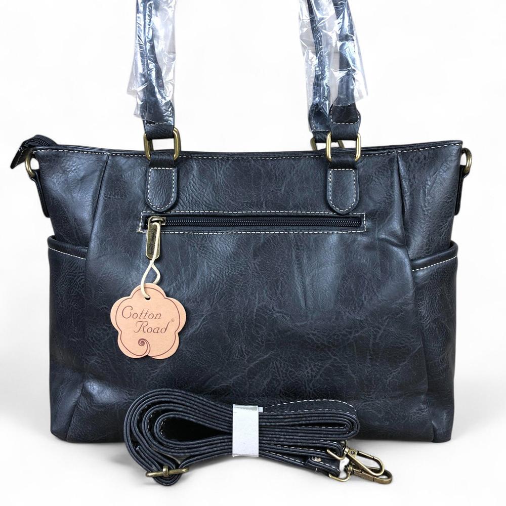 BLACK Cotton Road PU Leather Handbag with EMBROIDERED detailing
