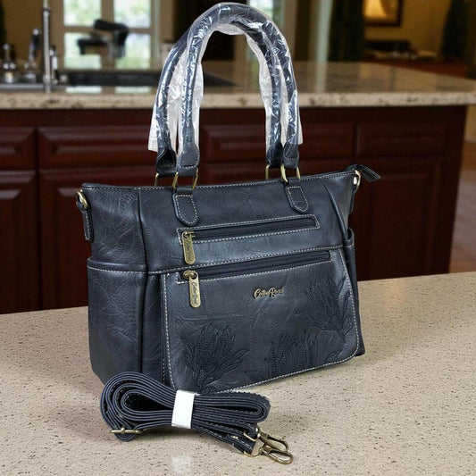 BLACK Cotton Road PU Leather Handbag with EMBROIDERED detailing