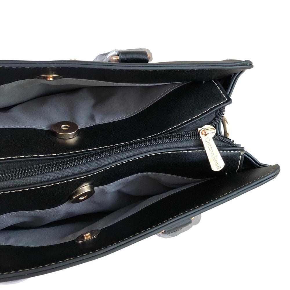 BLACK Cotton Road PU Leather Handbag with FLORAL Panel