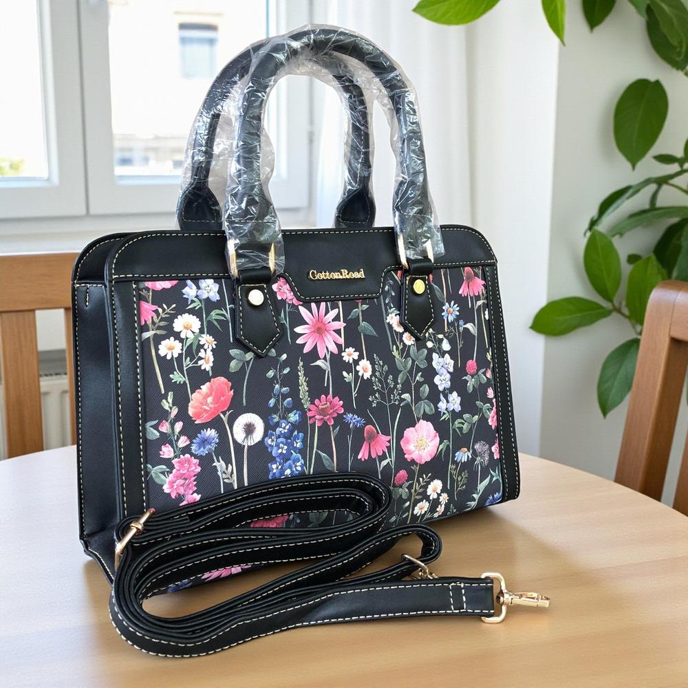 BLACK Cotton Road PU Leather Handbag with FLORAL Panel
