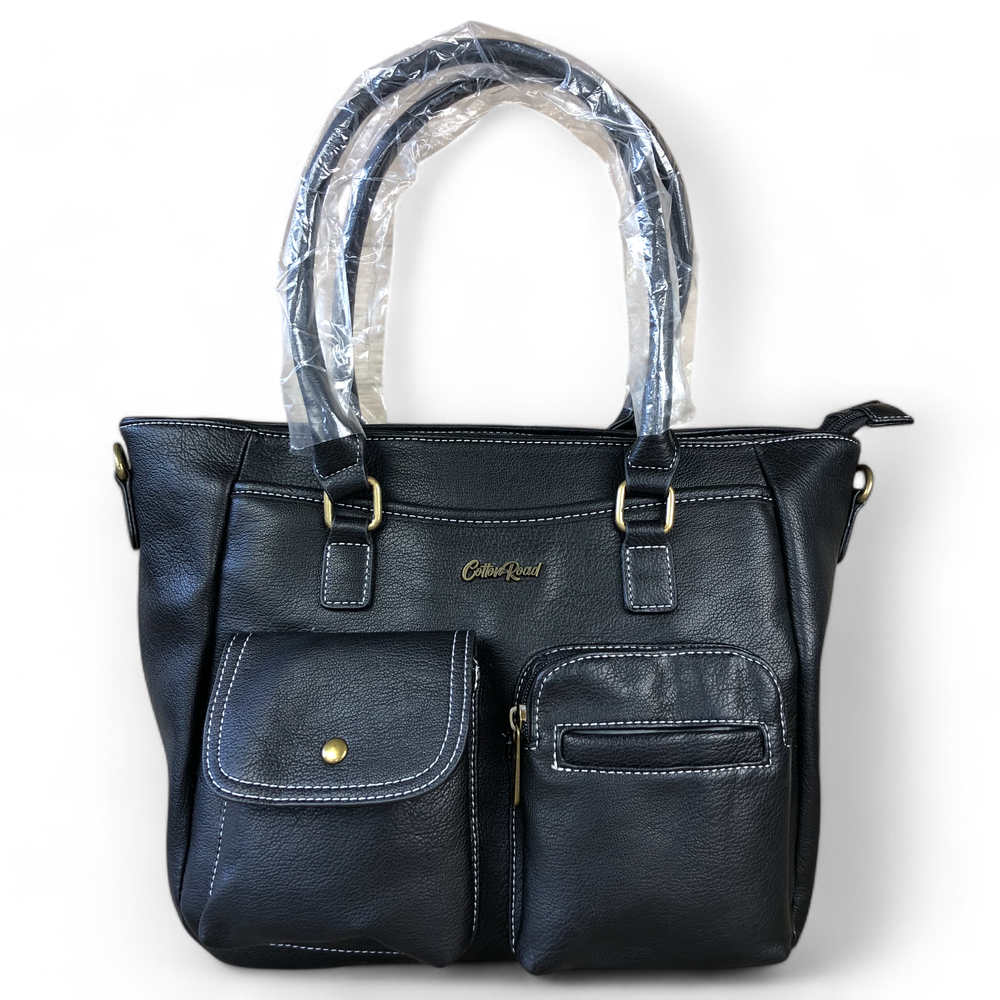 BLACK Cotton Road PU Leather Handbag with Pockets