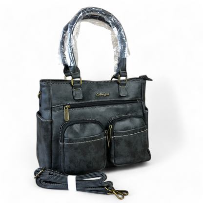 BLACK Cotton Road PU Leather Handbag with Pockets