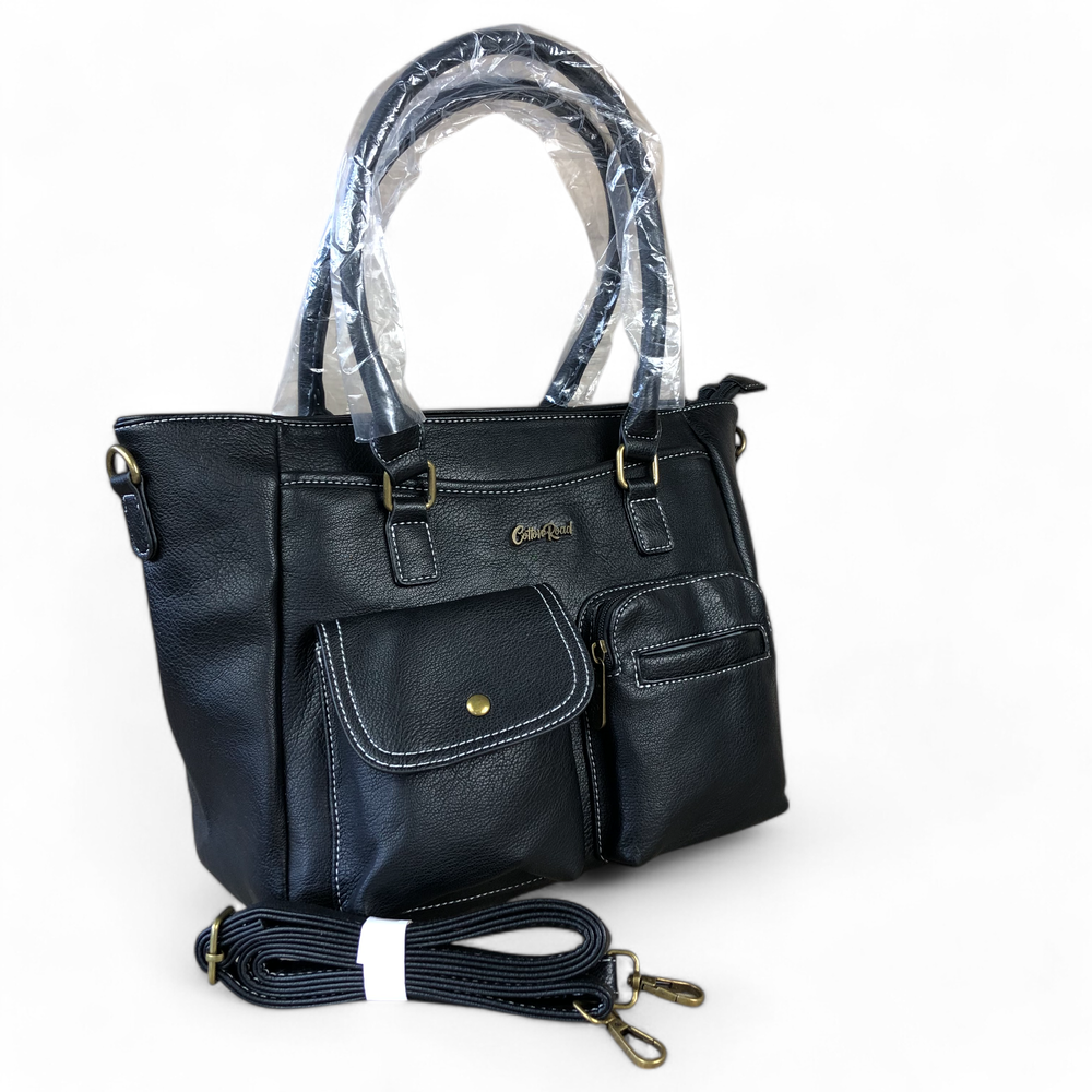 BLACK Cotton Road PU Leather Handbag with Pockets