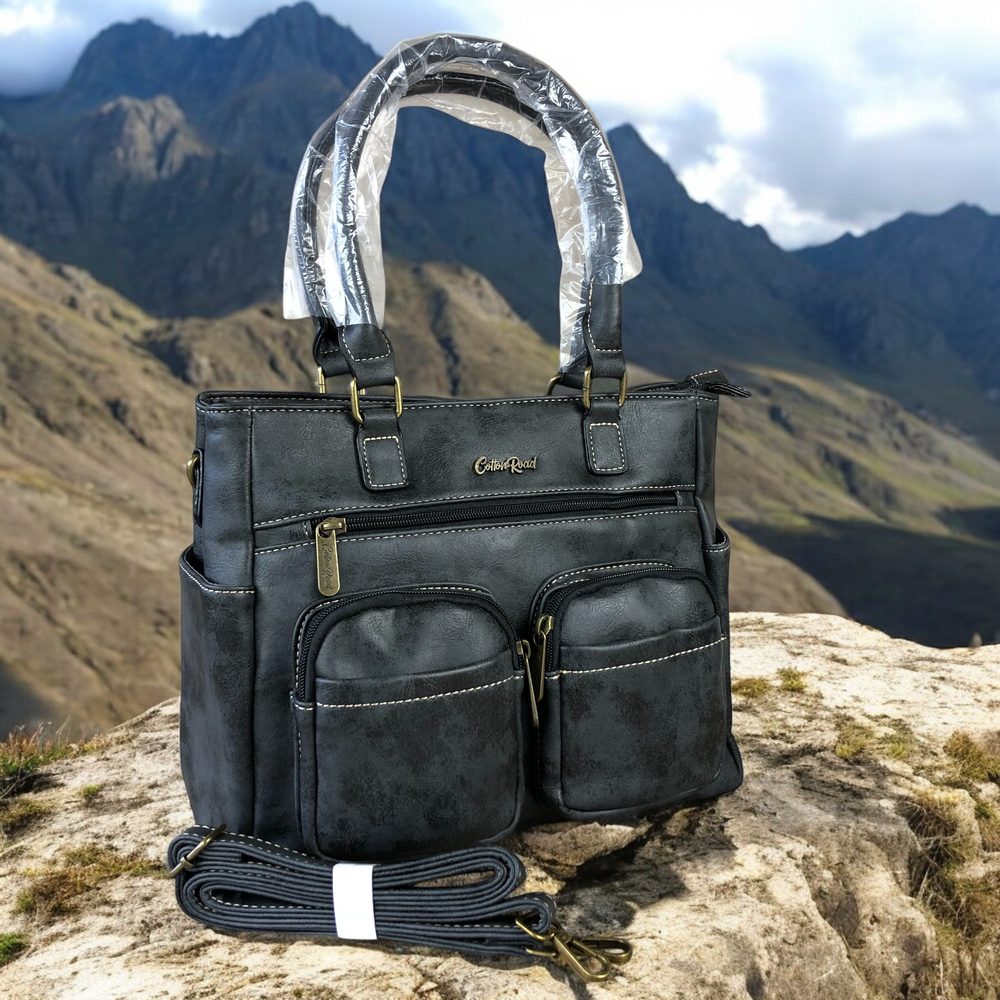 BLACK Cotton Road PU Leather Handbag with Pockets