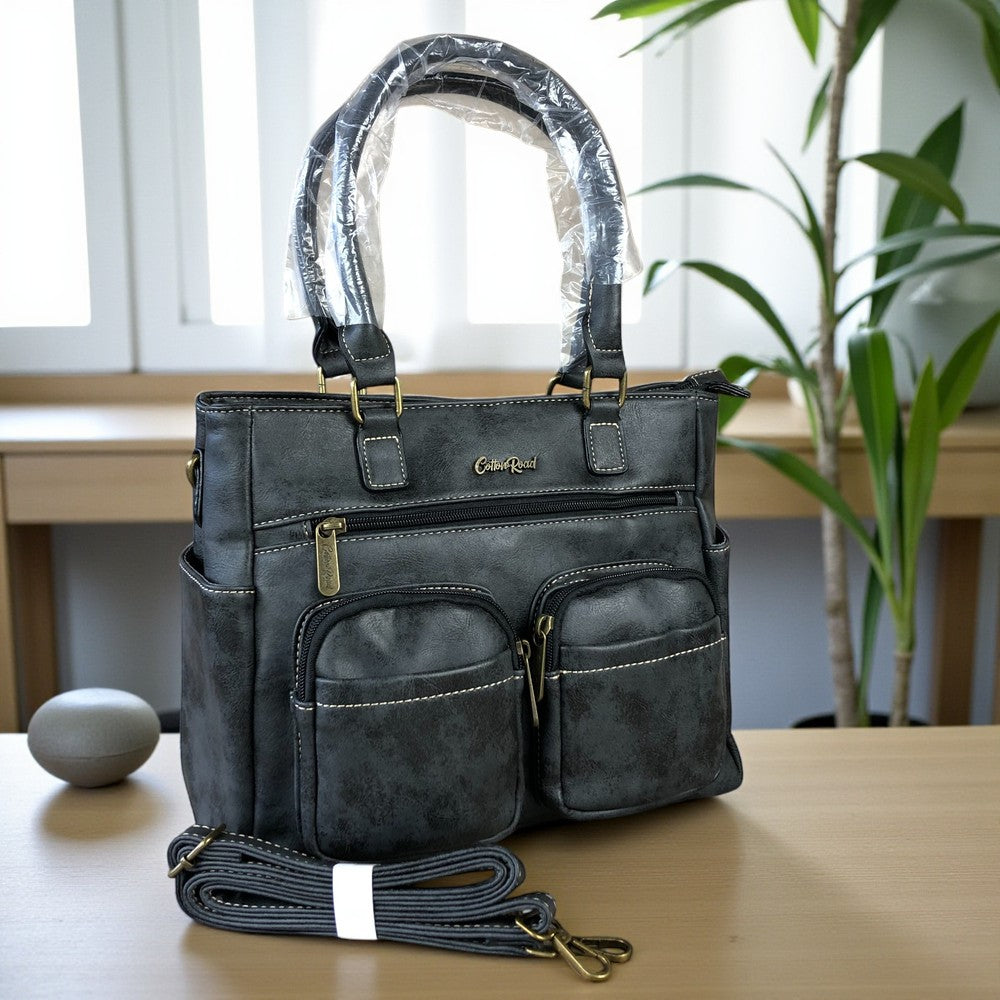 BLACK Cotton Road PU Leather Handbag with Pockets