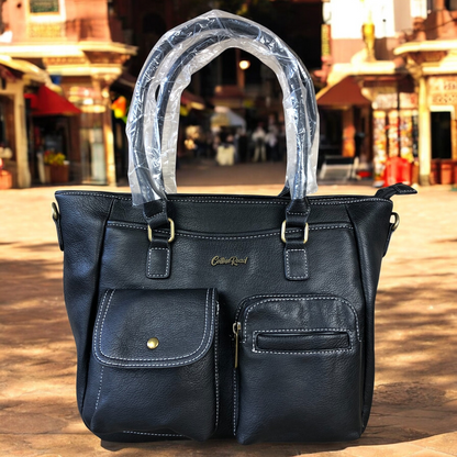 BLACK Cotton Road PU Leather Handbag with Pockets