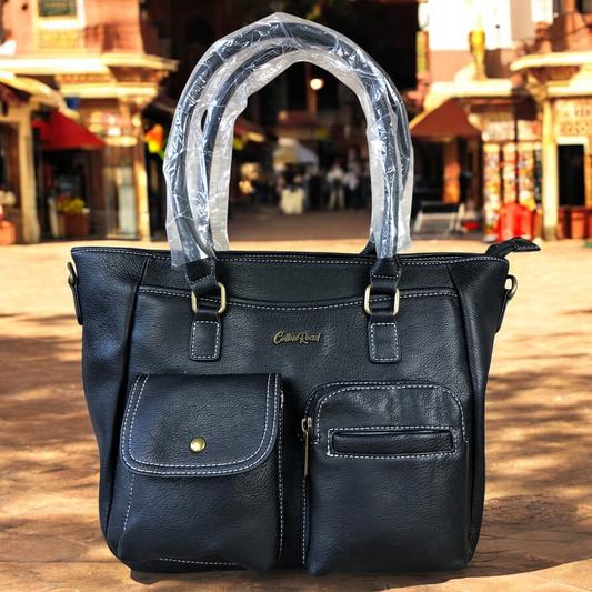 BLACK Cotton Road PU Leather Handbag with Pockets