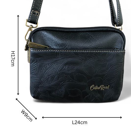 BLACK EMBOSSED FLORAL PU Leather Cotton Road Mini Sling Bag
