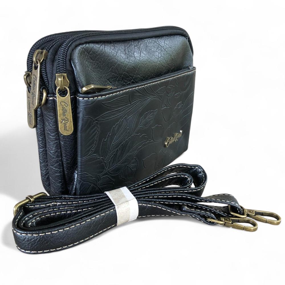 BLACK EMBOSSED FLORAL PU Leather Cotton Road Mini Sling Bag