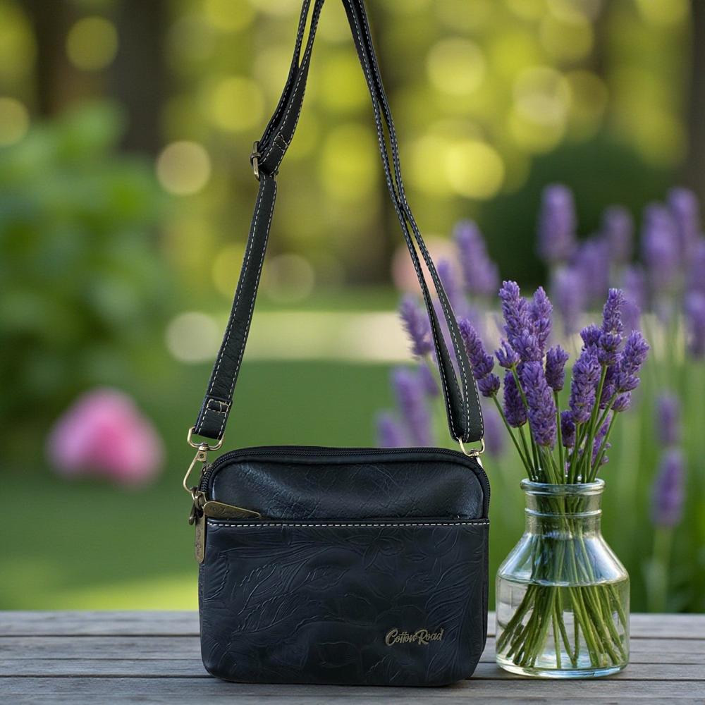 BLACK EMBOSSED FLORAL PU Leather Cotton Road Mini Sling Bag