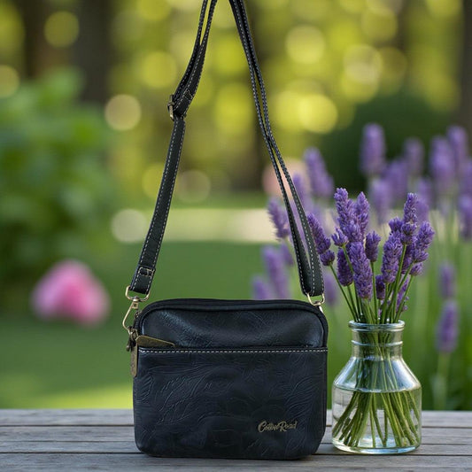 BLACK EMBOSSED FLORAL PU Leather Cotton Road Mini Sling Bag