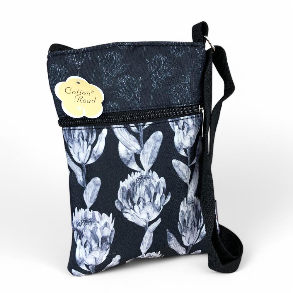 BLACK FLORAL Cotton Road Canvas Mini Sling Bag with PROTEAS