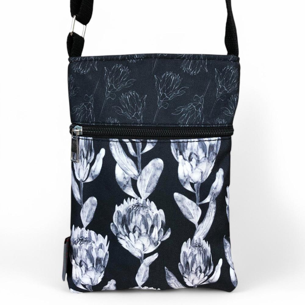BLACK FLORAL Cotton Road Canvas Mini Sling Bag with PROTEAS