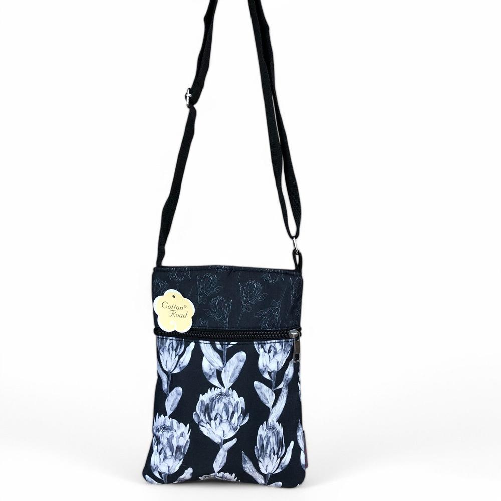 BLACK FLORAL Cotton Road Canvas Mini Sling Bag with PROTEAS