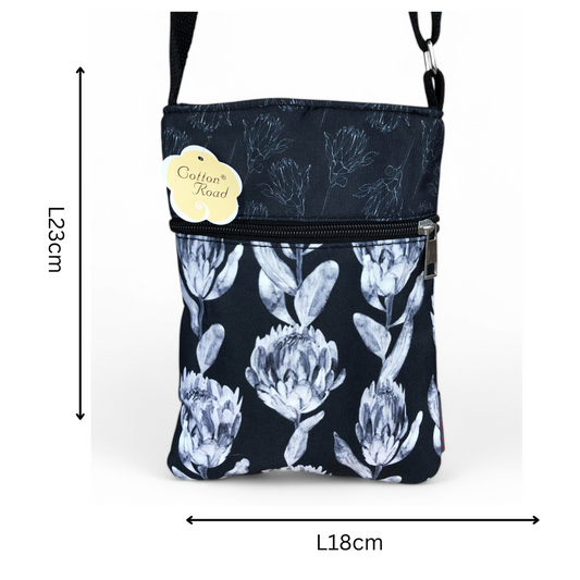 BLACK FLORAL Cotton Road Canvas Mini Sling Bag with PROTEAS sizes