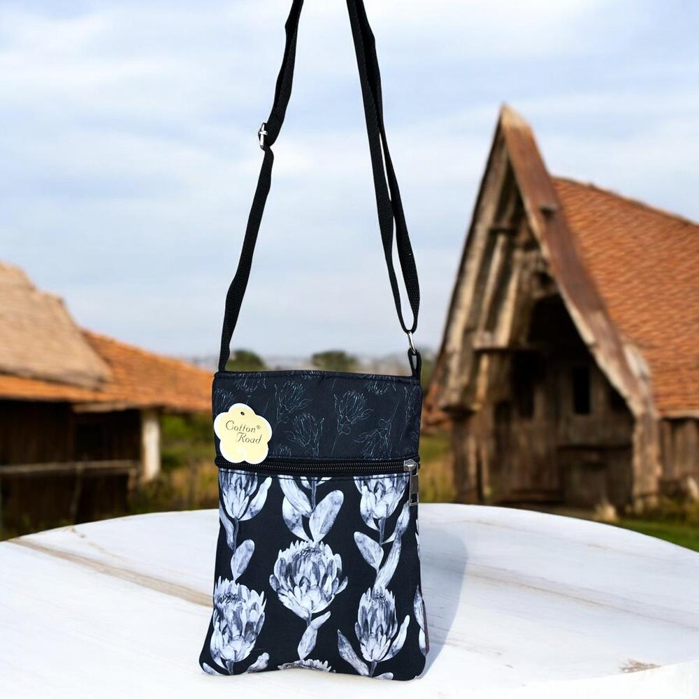 BLACK FLORAL Cotton Road Canvas Mini Sling Bag with PROTEAS
