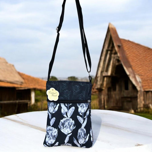BLACK FLORAL Cotton Road Canvas Mini Sling Bag with PROTEAS