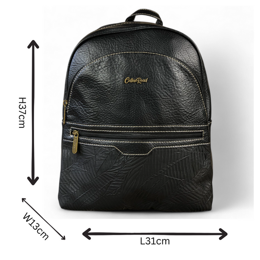 BLACK PU Leather Backpack with Patterned Panel