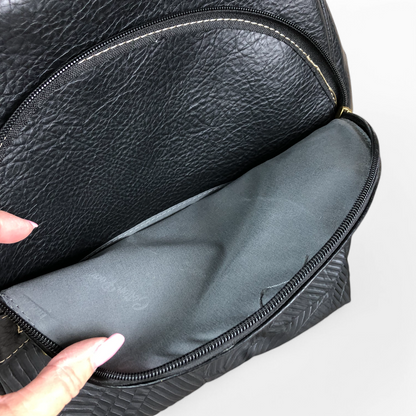 BLACK PU Leather Backpack with Patterned Panel