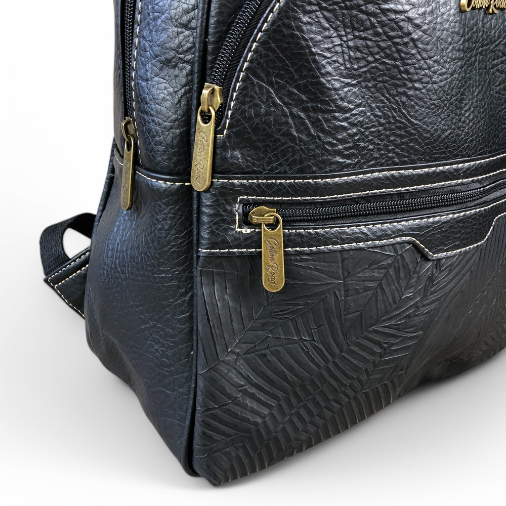 BLACK PU Leather Backpack with Patterned Panel