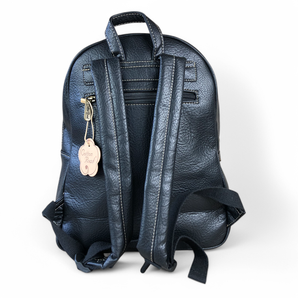 BLACK PU Leather Backpack with Patterned Panel