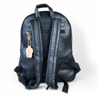 BLACK PU Leather Backpack with Patterned Panel