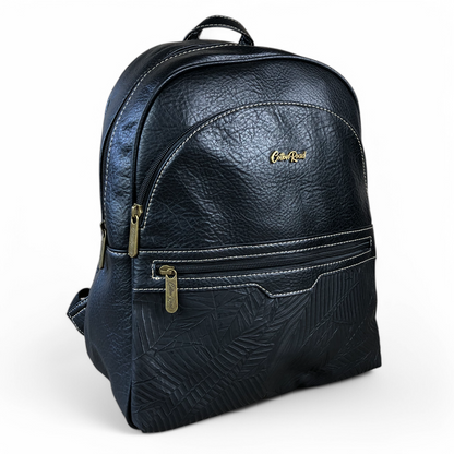 BLACK PU Leather Backpack with Patterned Panel