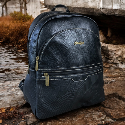 BLACK PU Leather Backpack with Patterned Panel