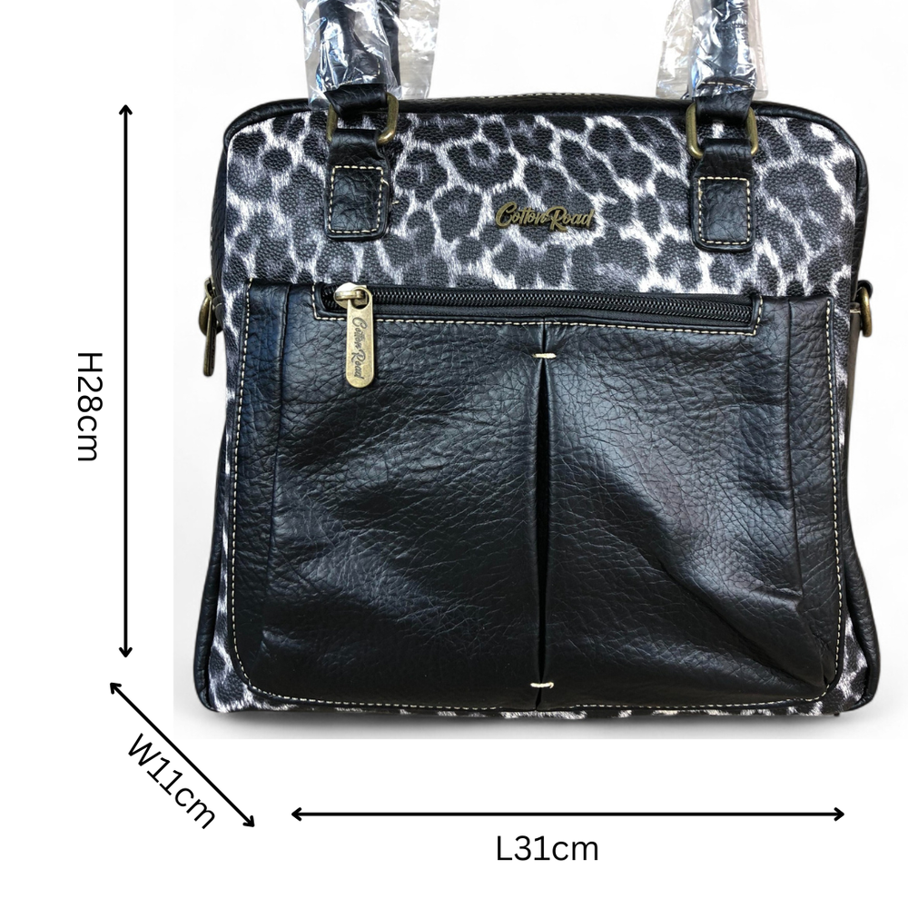 BLACK PU Leather Cotton Road Handbag with LEOPARD PRINT