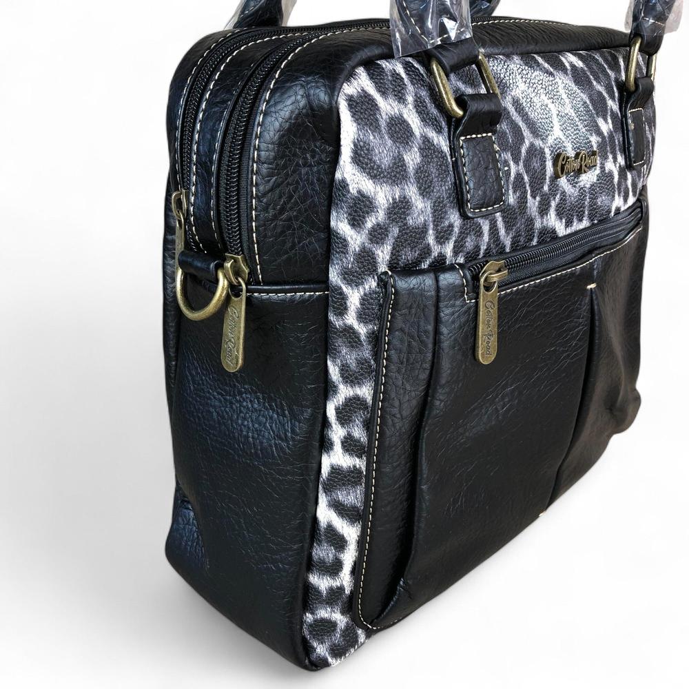 BLACK PU Leather Cotton Road Handbag with LEOPARD PRINT
