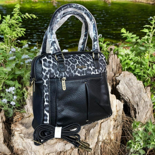 BLACK PU Leather Cotton Road Handbag with LEOPARD PRINT