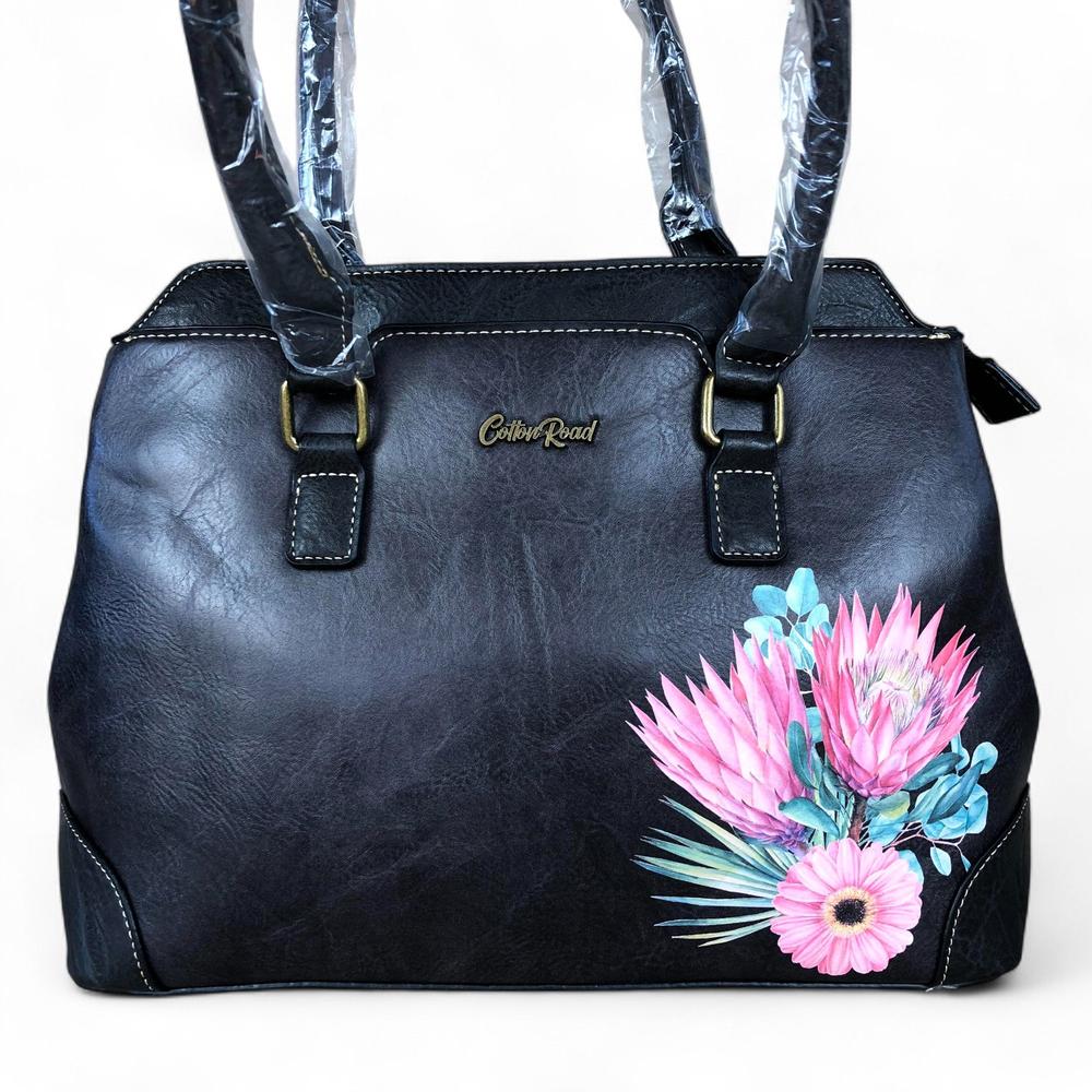 BLACK PU Leather Cotton Road Handbag with PROTEA