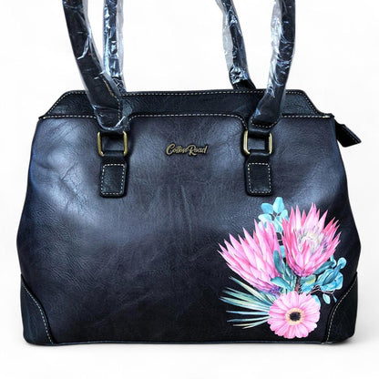 BLACK PU Leather Cotton Road Handbag with PROTEA