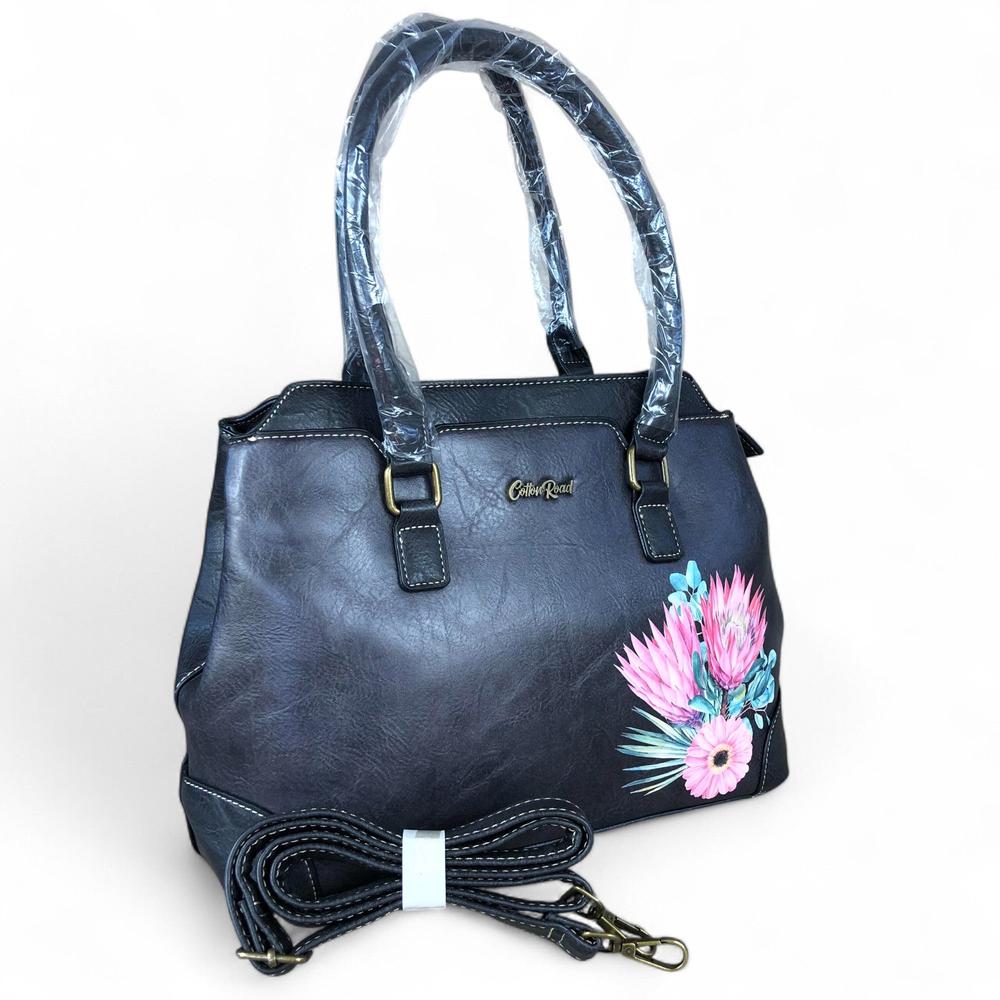 BLACK PU Leather Cotton Road Handbag with PROTEA