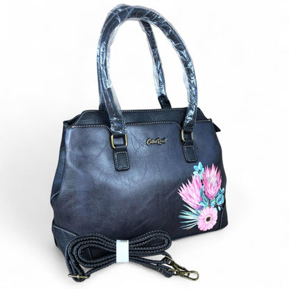 BLACK PU Leather Cotton Road Handbag with PROTEA
