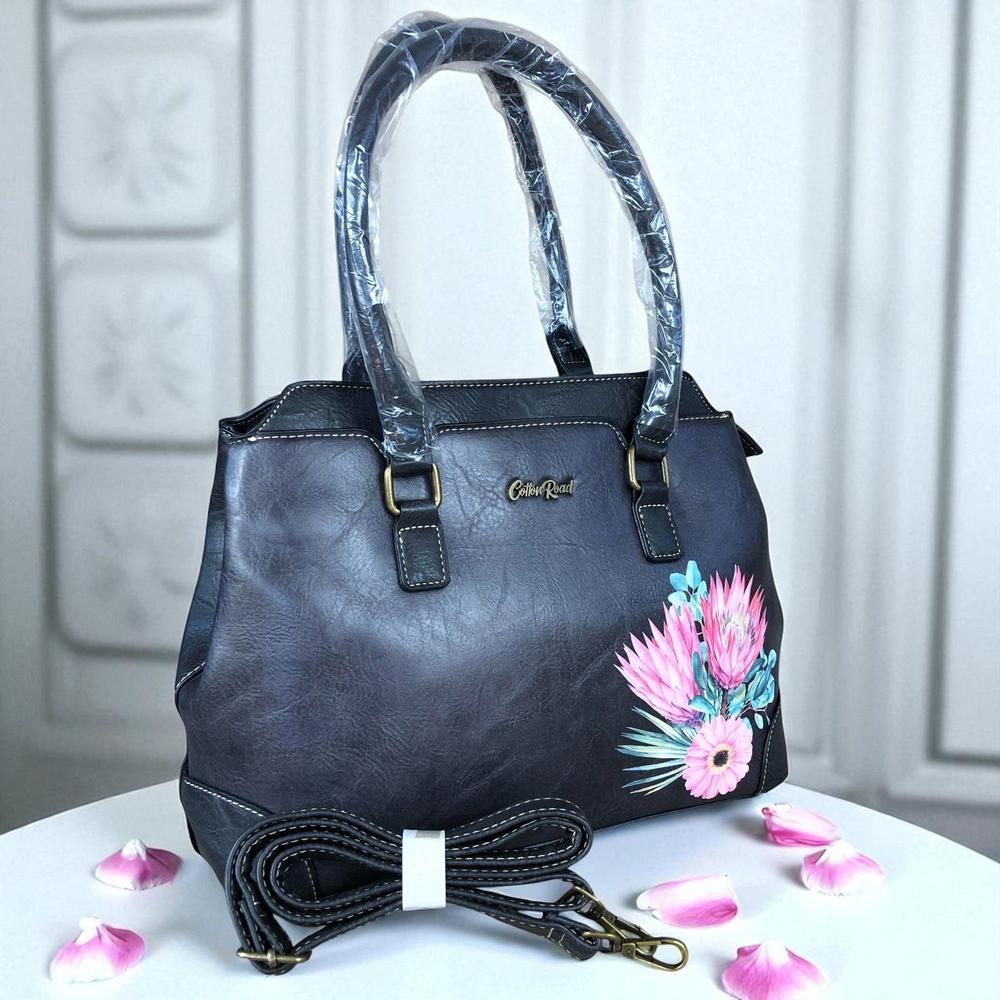 BLACK PU Leather Cotton Road Handbag with PROTEA