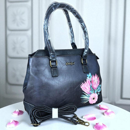 BLACK PU Leather Cotton Road Handbag with PROTEA