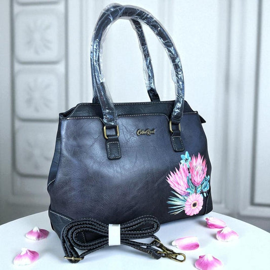 BLACK PU Leather Cotton Road Handbag with PROTEA