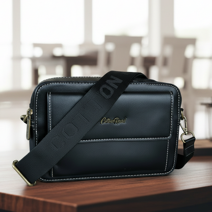 Cotton Road Sling Bag: BLACK PU Leather Crossbody with Branded Strap