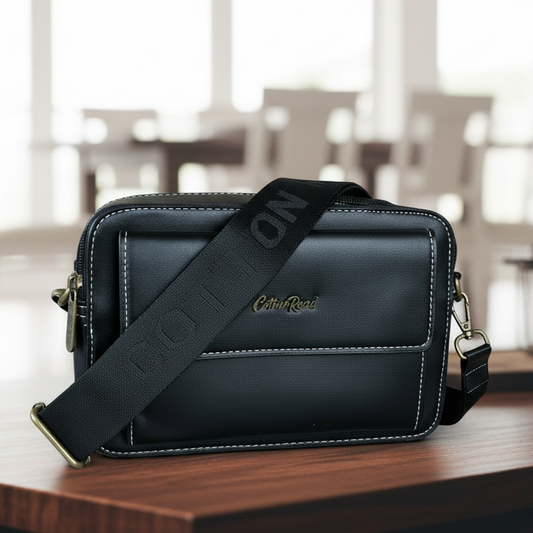Cotton Road Sling Bag: BLACK PU Leather Crossbody with Branded Strap