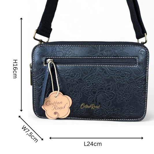 BLACK PU Leather Cotton Road Sling Bag with EMBOSSED FLOWERS