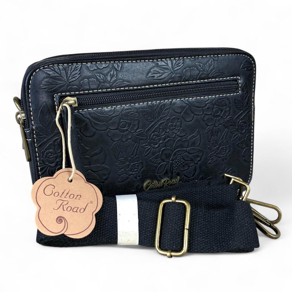BLACK PU Leather Cotton Road Sling Bag with EMBOSSED FLOWERS