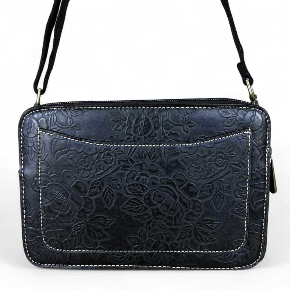 BLACK PU Leather Cotton Road Sling Bag with EMBOSSED FLOWERS