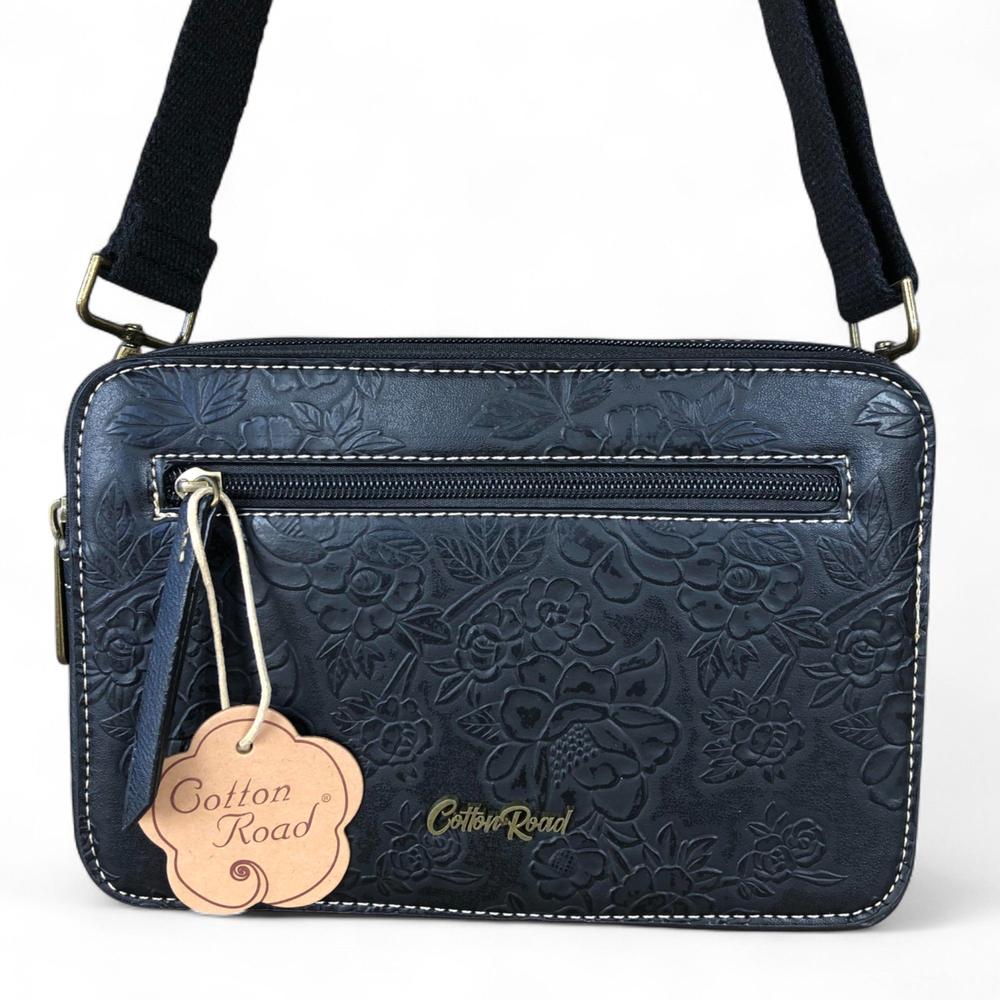 BLACK PU Leather Cotton Road Sling Bag with EMBOSSED FLOWERS