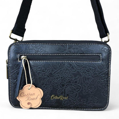 BLACK PU Leather Cotton Road Sling Bag with EMBOSSED FLOWERS