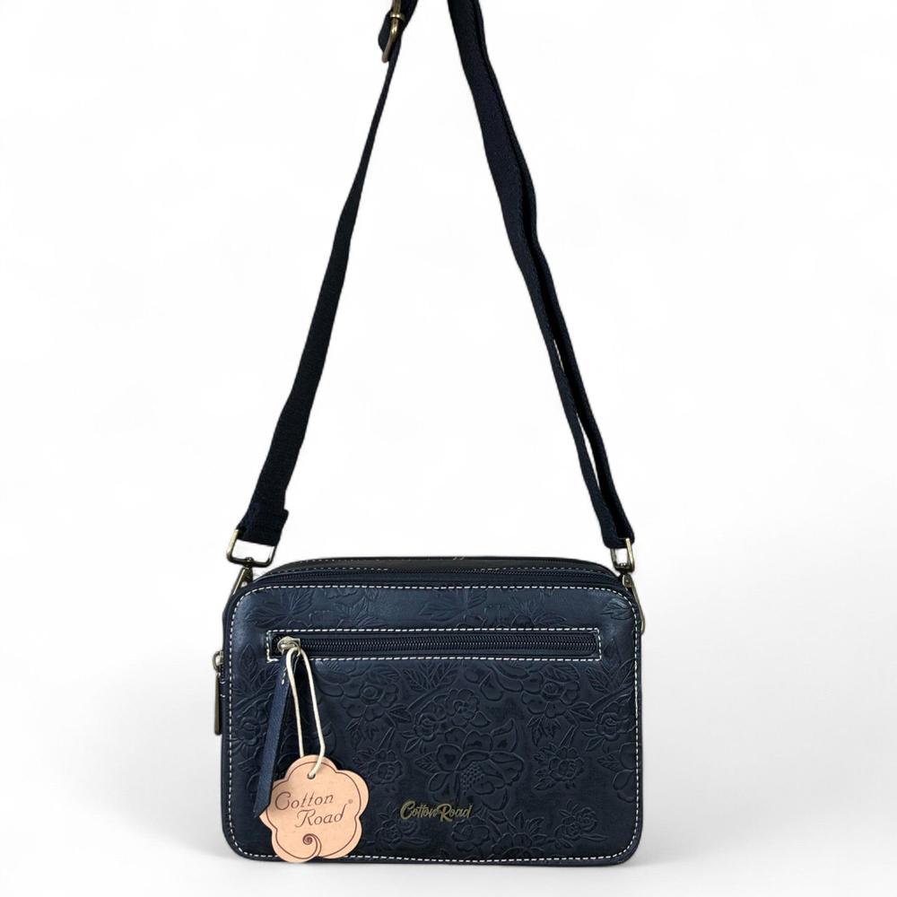 BLACK PU Leather Cotton Road Sling Bag with EMBOSSED FLOWERS