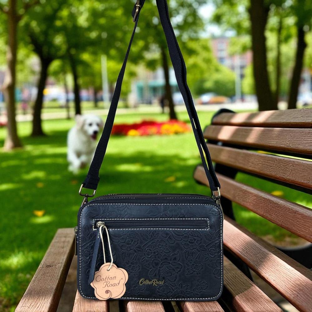 BLACK PU Leather Cotton Road Sling Bag with EMBOSSED FLOWERS